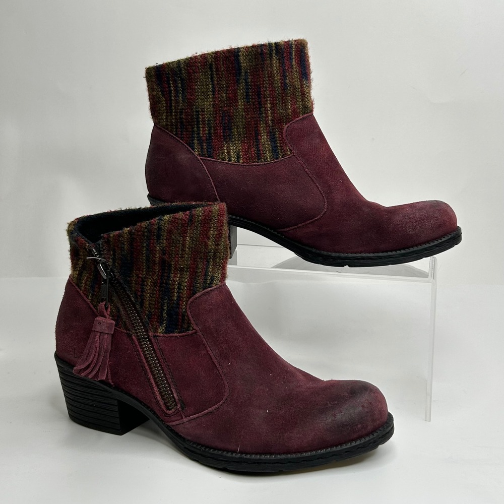 b.o.c. Born Concept Burgundy‎ Suede Knit Collar Ankle Boots Tassel 6.5M CIG16